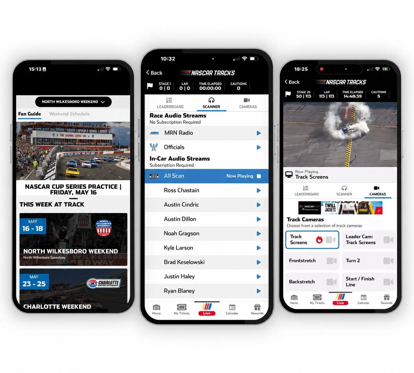 Official NASCAR Tracks app screens for venue information, Scanner and cameras