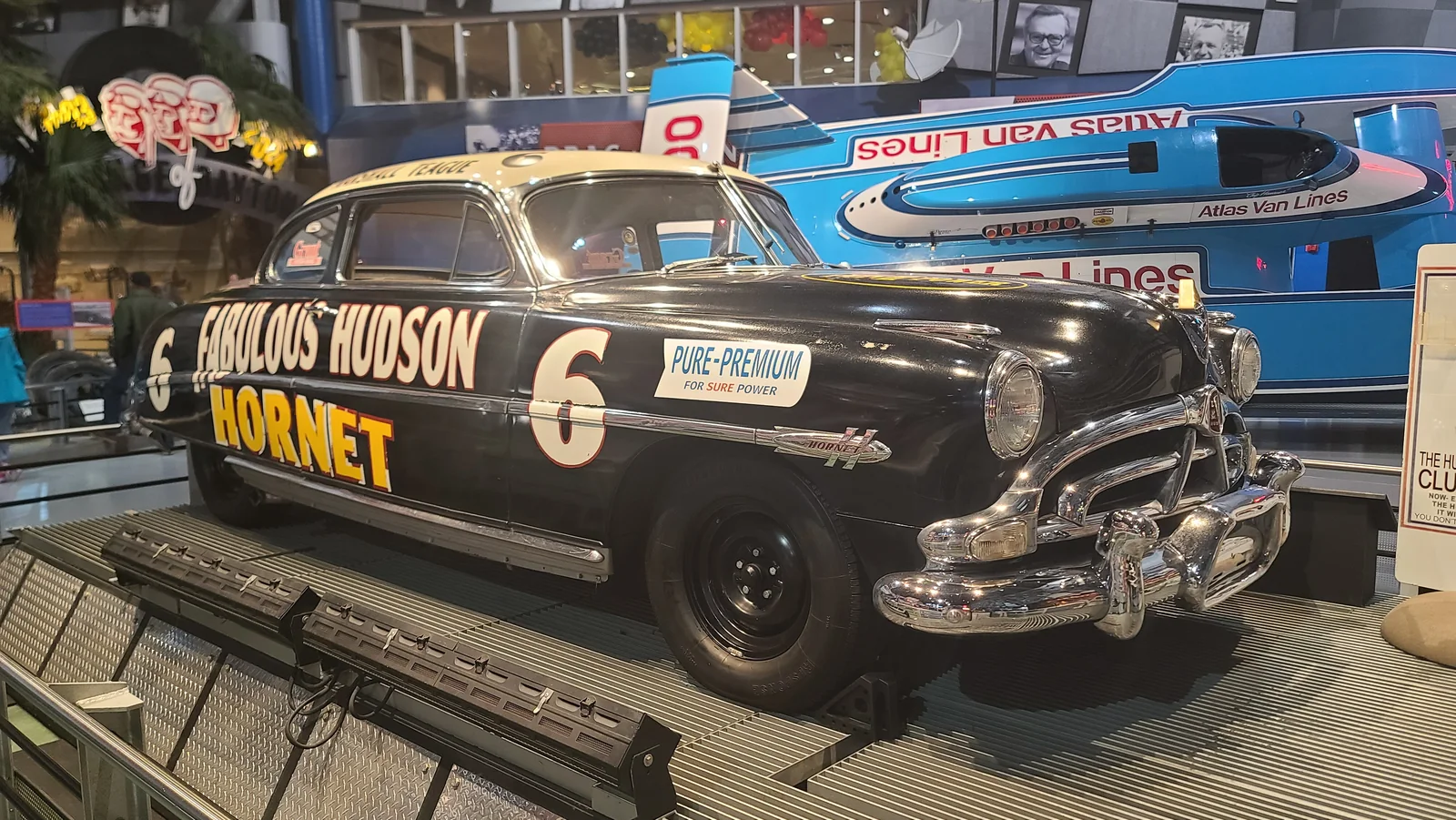 Black No. 6 Fabulous Hudson Hornet stock car displayed at the Daytona International Speedway Museum