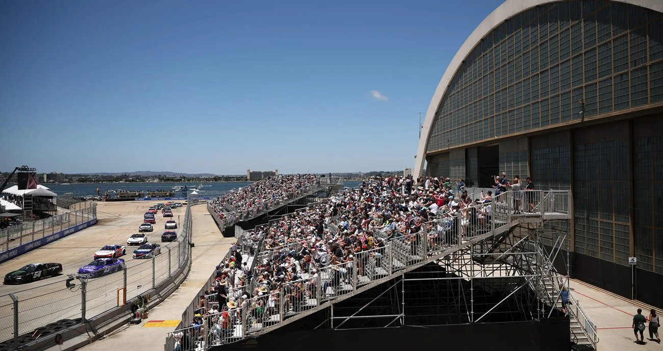 NASCAR Cup Series cars racing on the Qualcomm Circuit at Naval Base Coronado in 2026